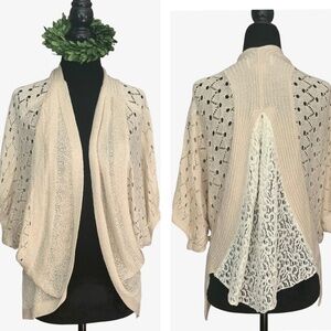 The Cue Cher Qu Natural Beige Crochet Knit Lace Inset Cotton Sweater Shrug SZ S